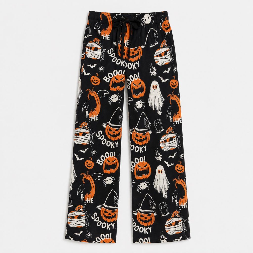 Spooky Halloween Pajama Pants, HG Ghost Pumpkin Wide Leg Lounge Pants, Black Halloween Sleepwear, Cozy Fall Gift for Her