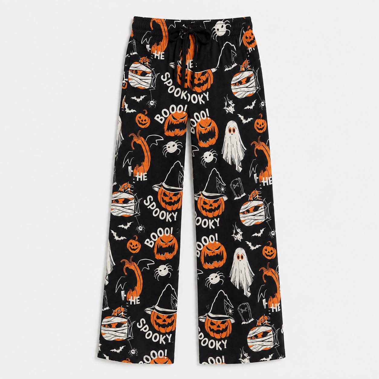 Spooky Halloween Pajama Pants, HG Ghost Pumpkin Wide Leg Lounge Pants, Black Halloween Sleepwear, Cozy Fall Gift for Her