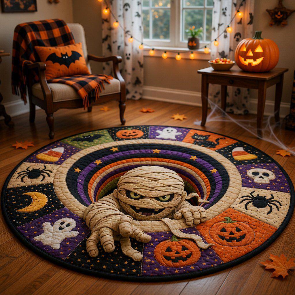 Mummy Halloween Round Rug, HG Spooky 3D Optical Illusion Rug, Pumpkin Ghost Quilted Floor Mat, Witchy Gothic Room Decor, Fall Spooky Gift