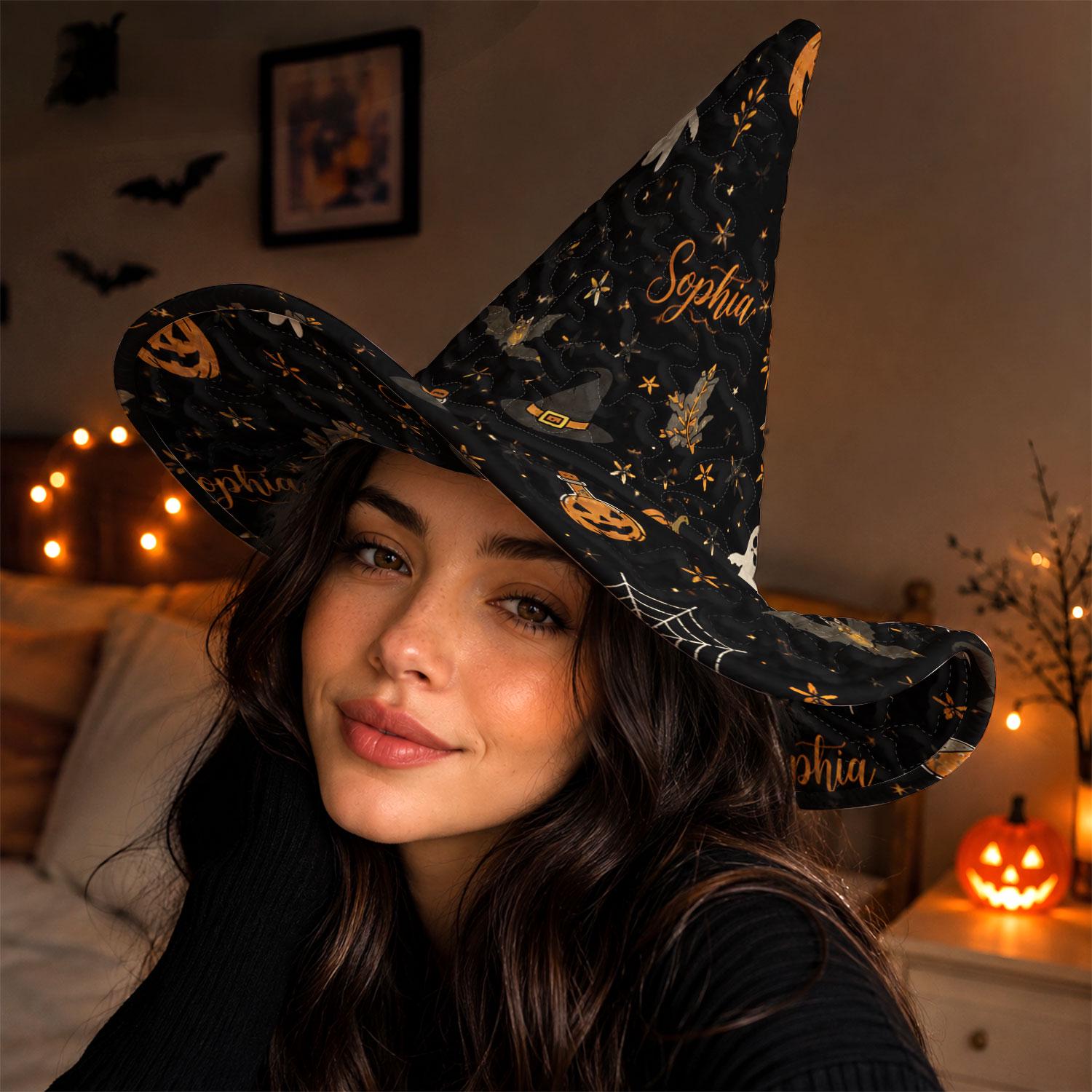Personalized Quilted Halloween Witch Hat HG , Custom Name Witch Hat HG , Bat Pumpkin Ghost Halloween Hat, Halloween Costume Accessory, Witch Costume