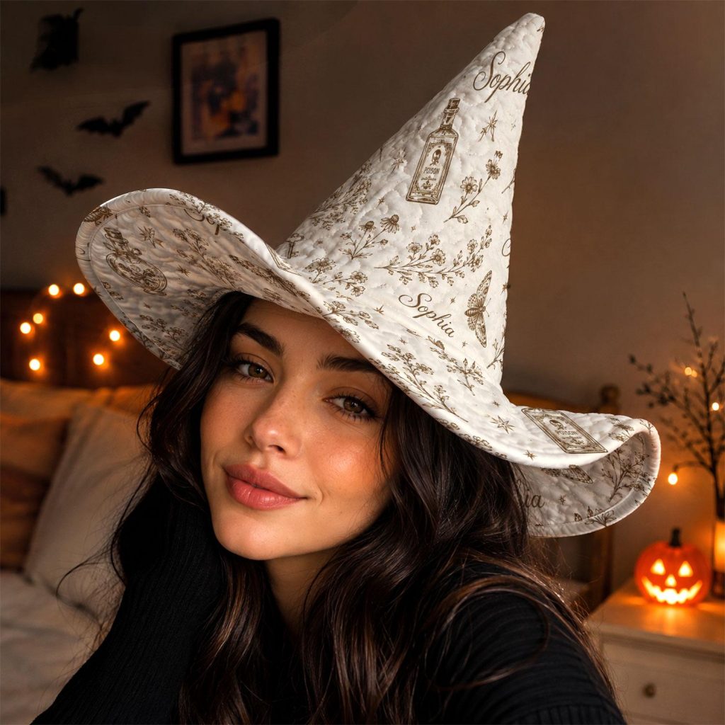 Personalized Quilted Halloween Witch Hat HG , Custom Name Witch Hat HG , Floral Moth Halloween Hat, Halloween Costume Accessory, Witch Costume