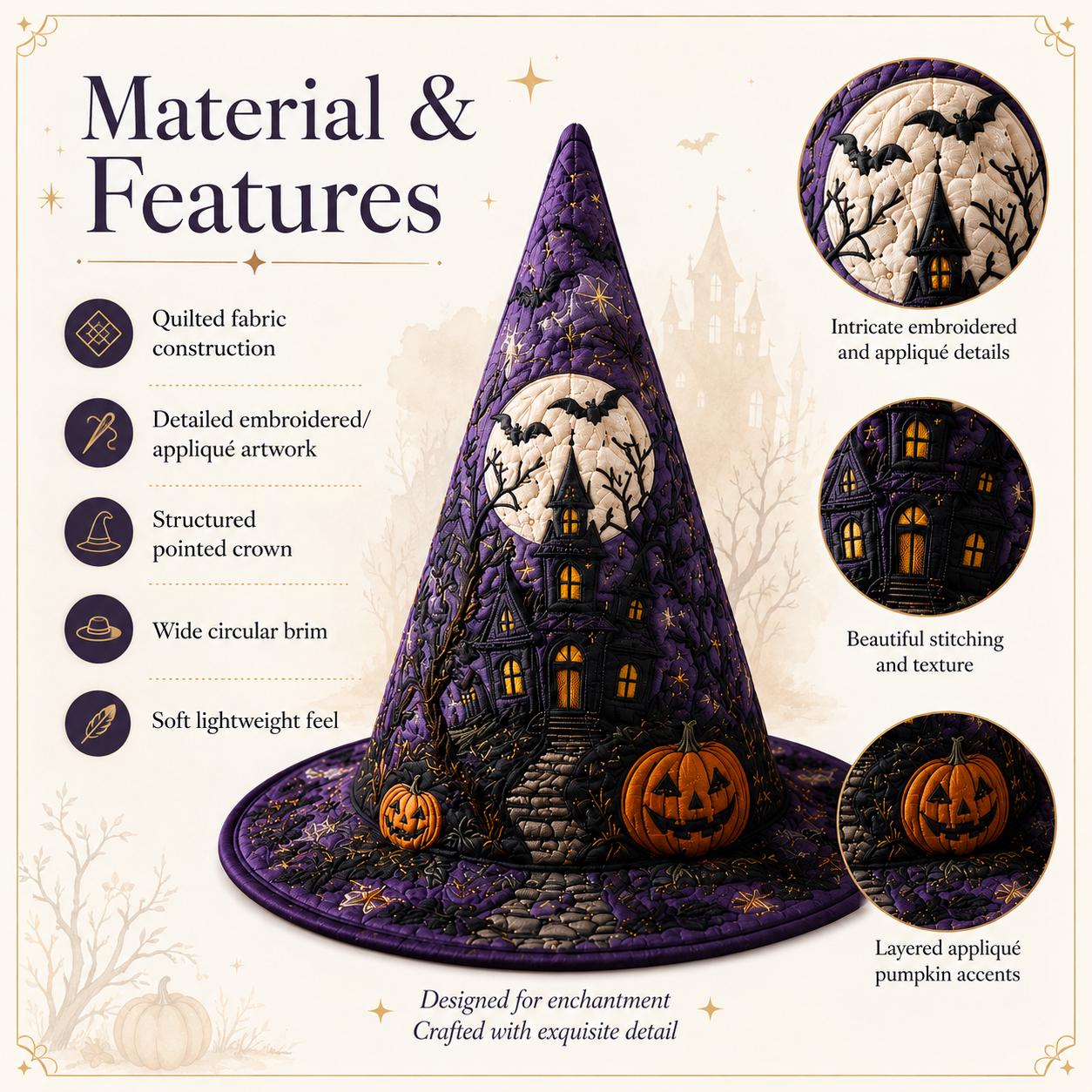 Purple Quilted Witch Hat HG HG , Haunted House Jack O Lantern Halloween Hat - Image 5