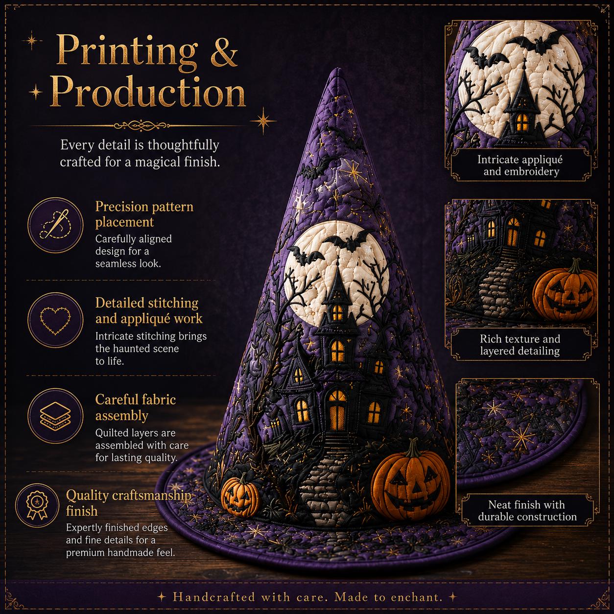 Purple Quilted Witch Hat HG HG , Haunted House Jack O Lantern Halloween Hat - Image 6