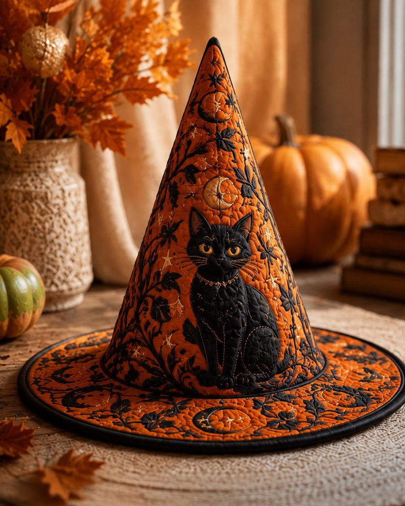 Orange Quilted Witch Hat HG HG , Black Cat Moon Halloween Hat Fall Decor