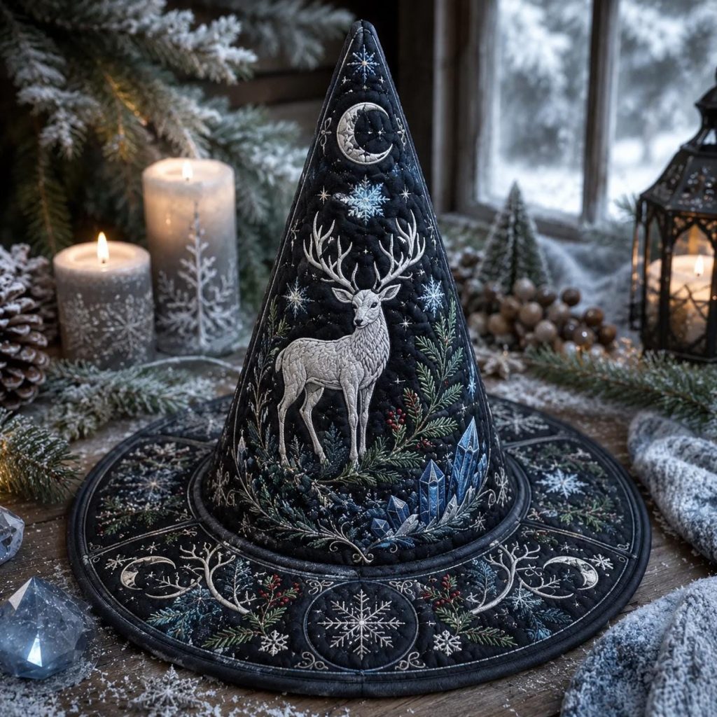 Winter Solstice Quilted Witch Hat HG HG , White Stag Yule Halloween Hat