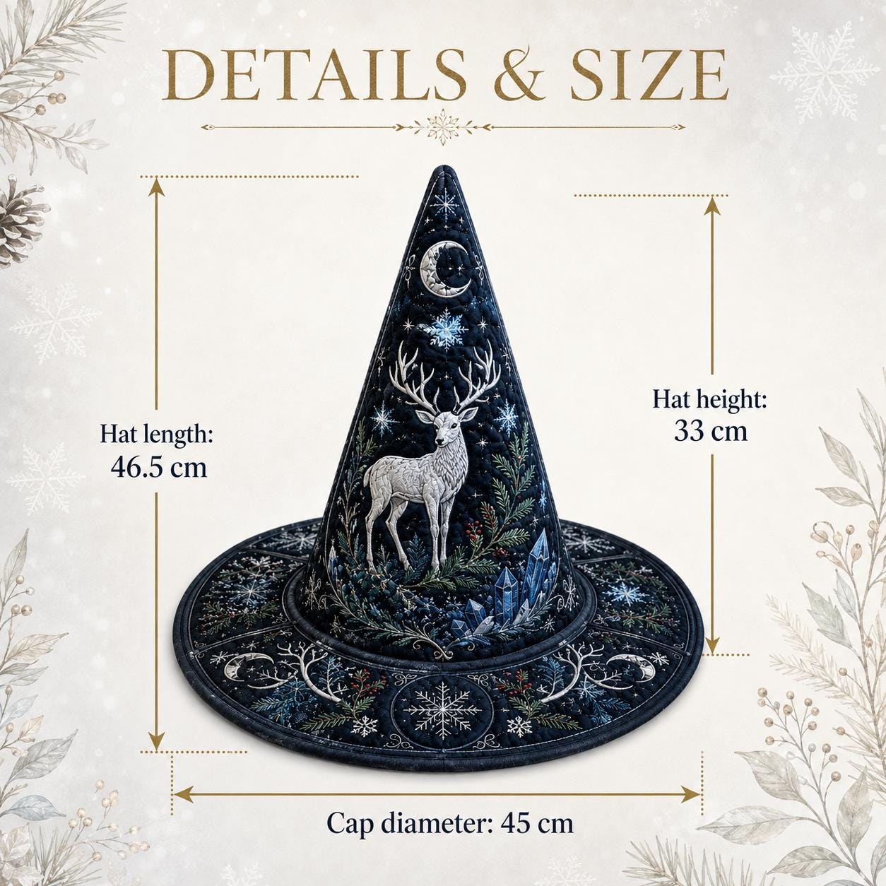 Winter Solstice Quilted Witch Hat HG HG , White Stag Yule Halloween Hat - Image 4