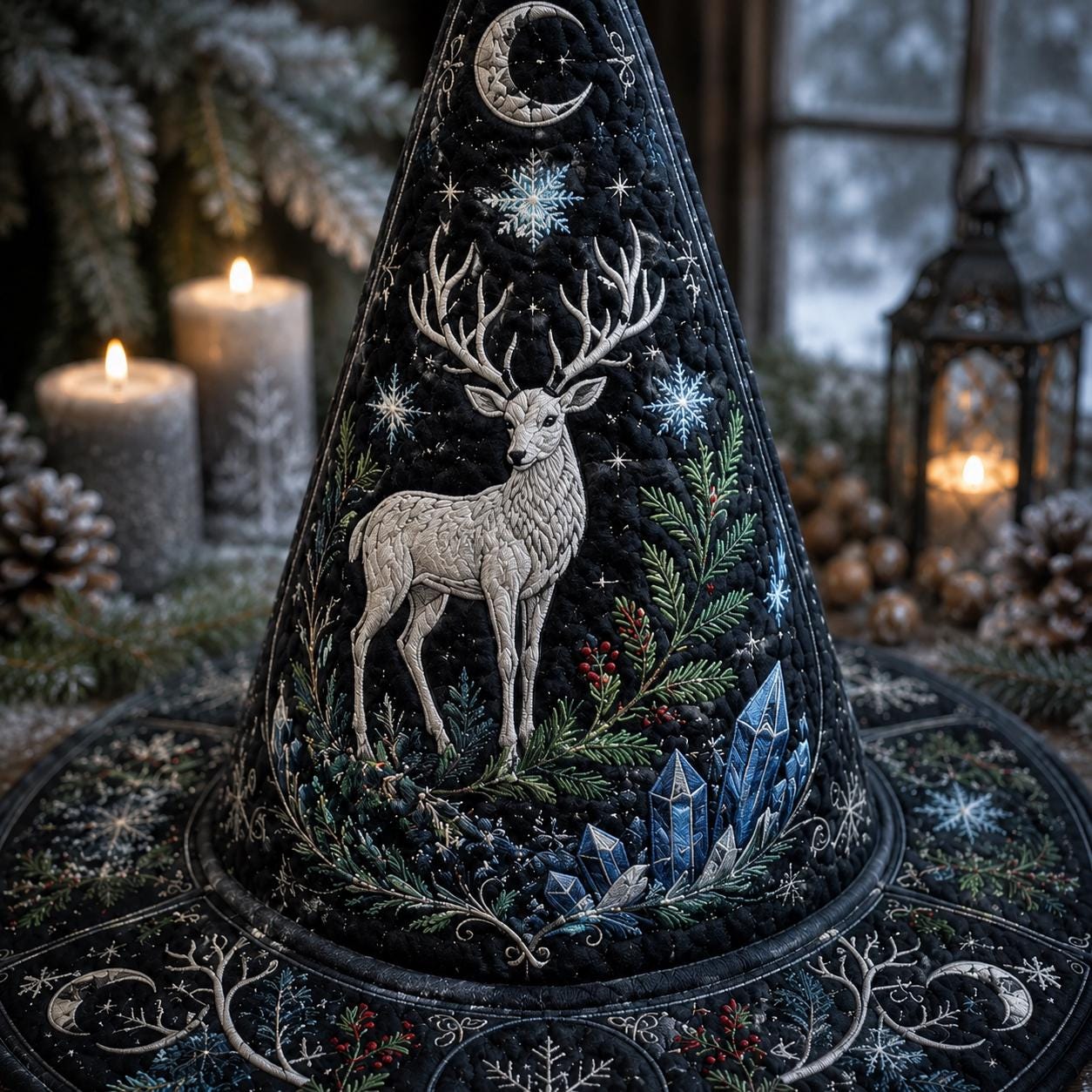 Winter Solstice Quilted Witch Hat HG HG , White Stag Yule Halloween Hat - Image 3