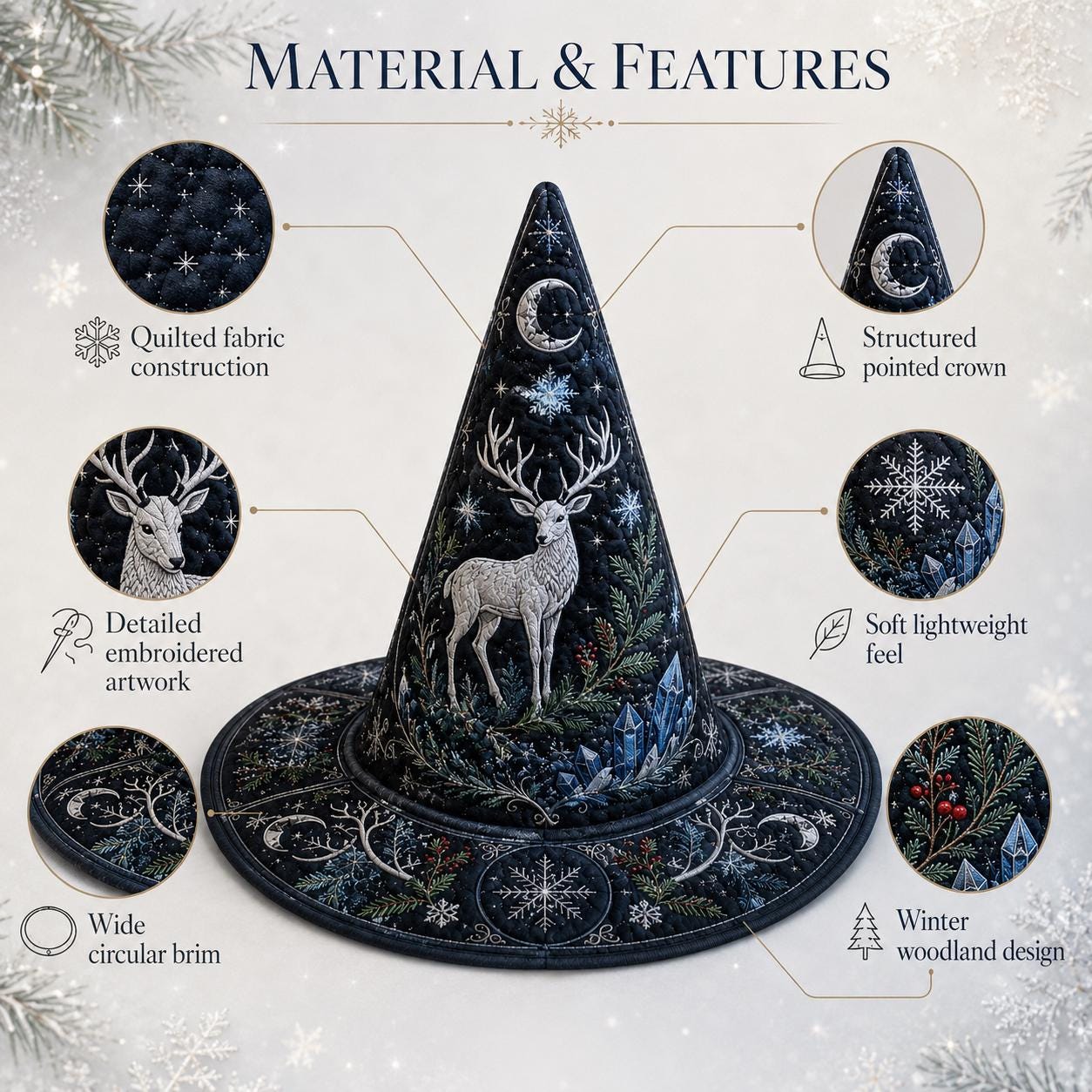 Winter Solstice Quilted Witch Hat HG HG , White Stag Yule Halloween Hat - Image 5