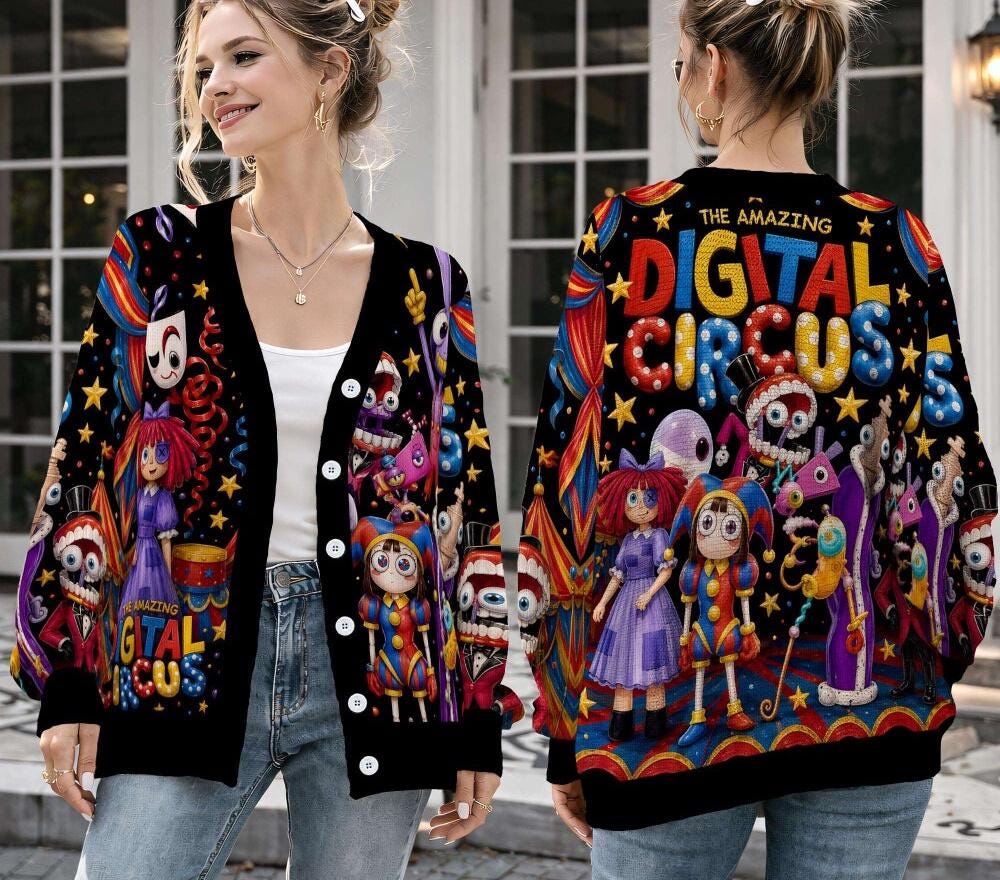 The Amazing Digital Circus Cardigan HG , Character All Over Print Sweater, TADC Knitted Wool Cardigan HG , Aesthetic Anime Outfit Cartoon Fan Gift