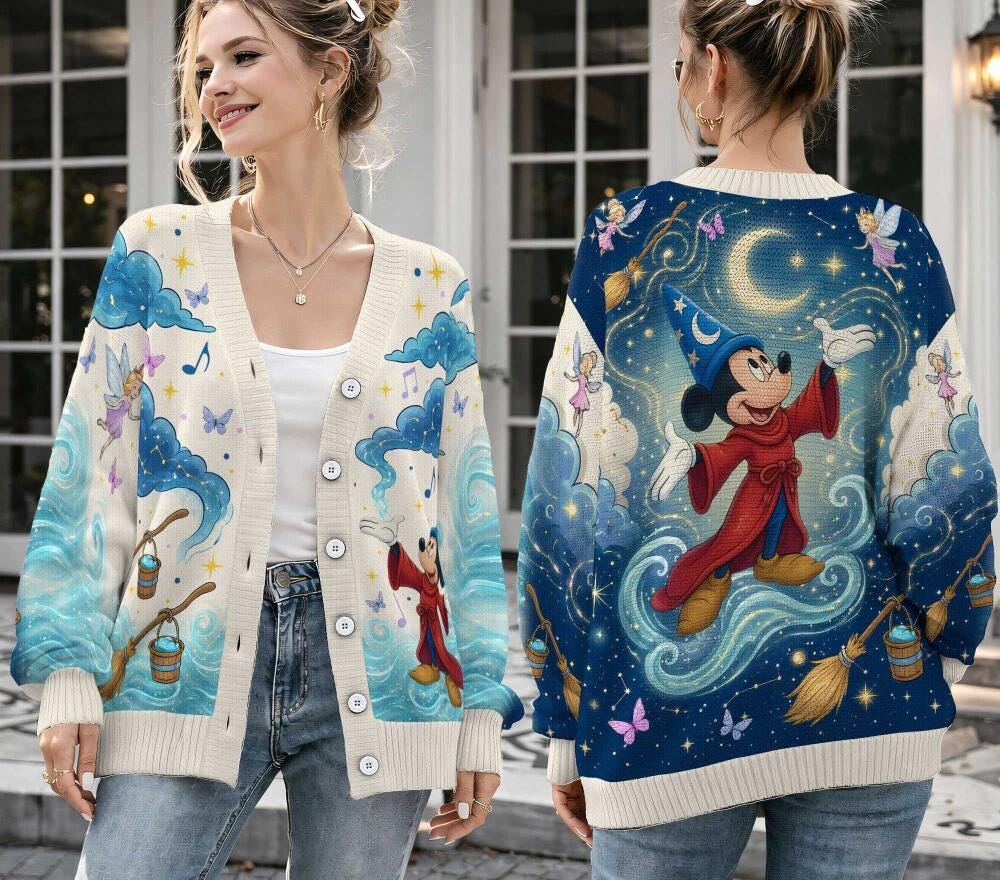 Sorcerer Mickey Cardigan HG , Mickey Mouse Graphic Knit Sweater, Celestial Magic Apparel, Vintage Character Cardigan HG , Gift for Her