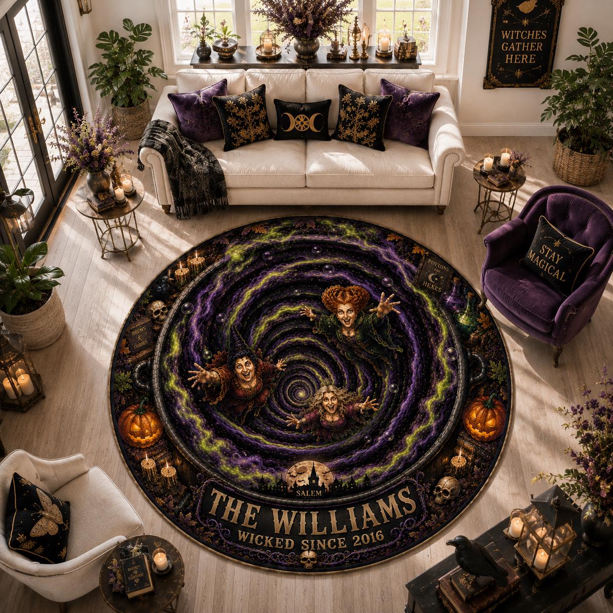 Personalized Hocus Pocus HG Halloween 3D Illusion Salem Witches Rug, Custom Hocus Pocus Floormat, Spooky Gothic Home Decor
