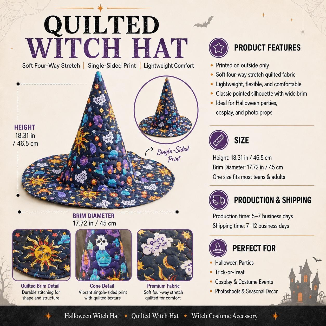 Personalized Quilted Patchwork Witch Hat HG , Custom Printed Cotton Autumn Harvest Halloween Costume Decor - Image 6