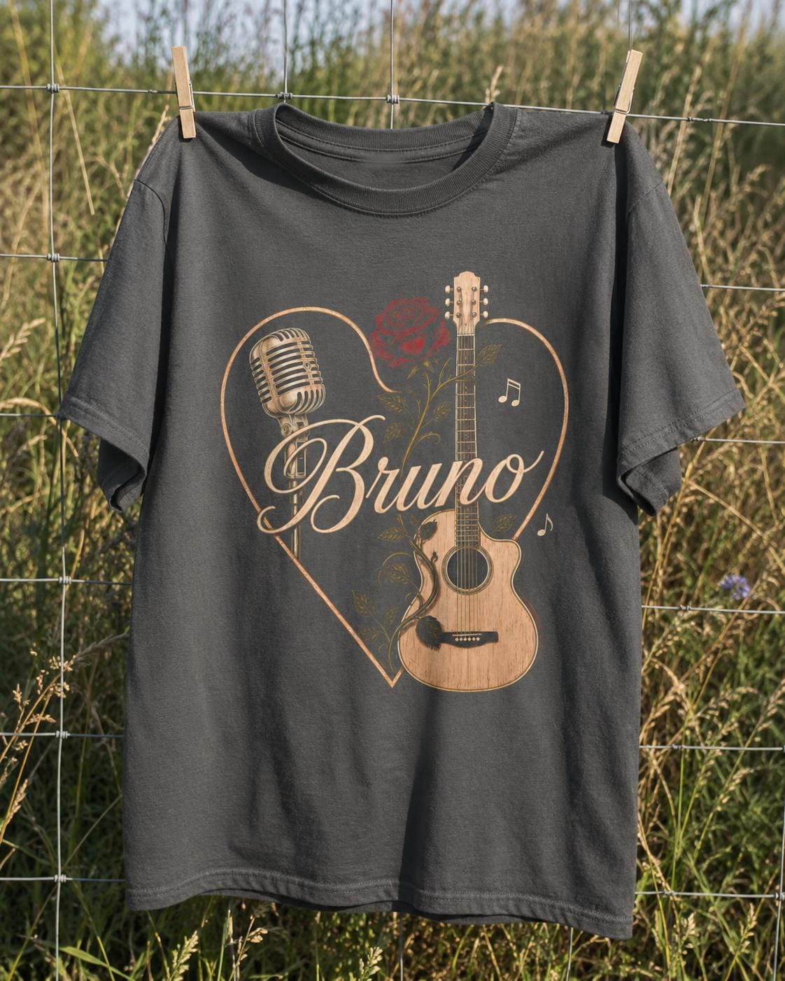 Bruno Vintage Music T-Shirt, Acoustic Guitar, Microphone & Rose Tee HFN Shirt - Image 4