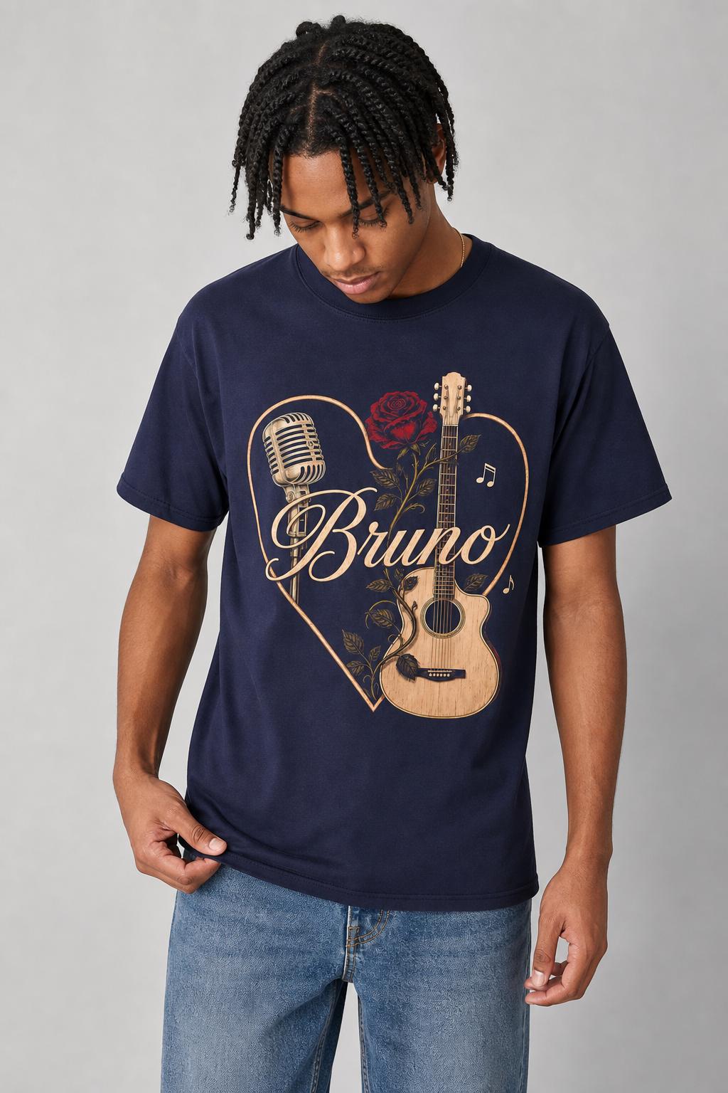Bruno Vintage Music T-Shirt, Acoustic Guitar, Microphone & Rose Tee HFN Shirt - Image 8