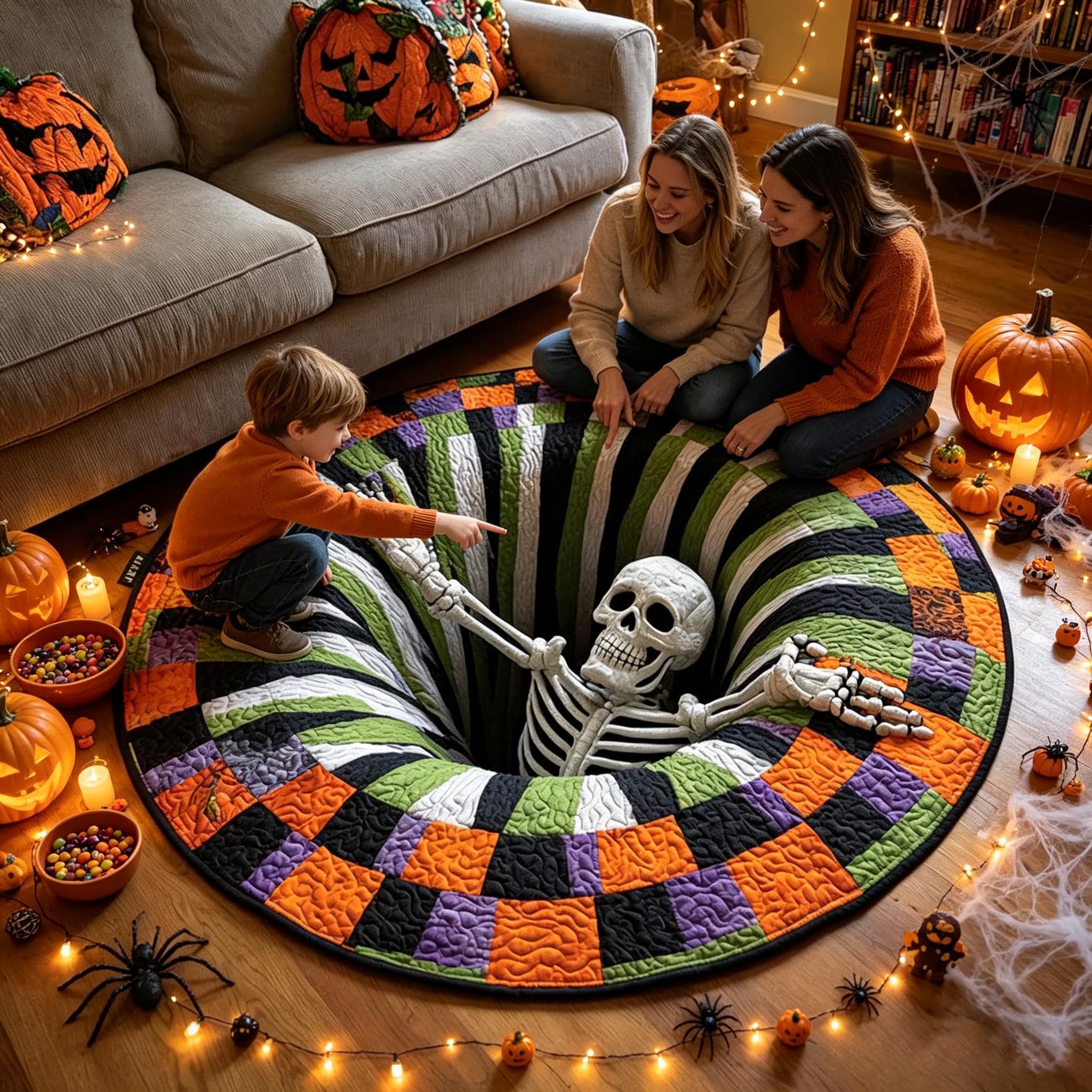 3D Skeleton Hole Illusion Round Rug, HG Halloween Horror Skeleton Carpet,Home Decor,Spooky Gift
