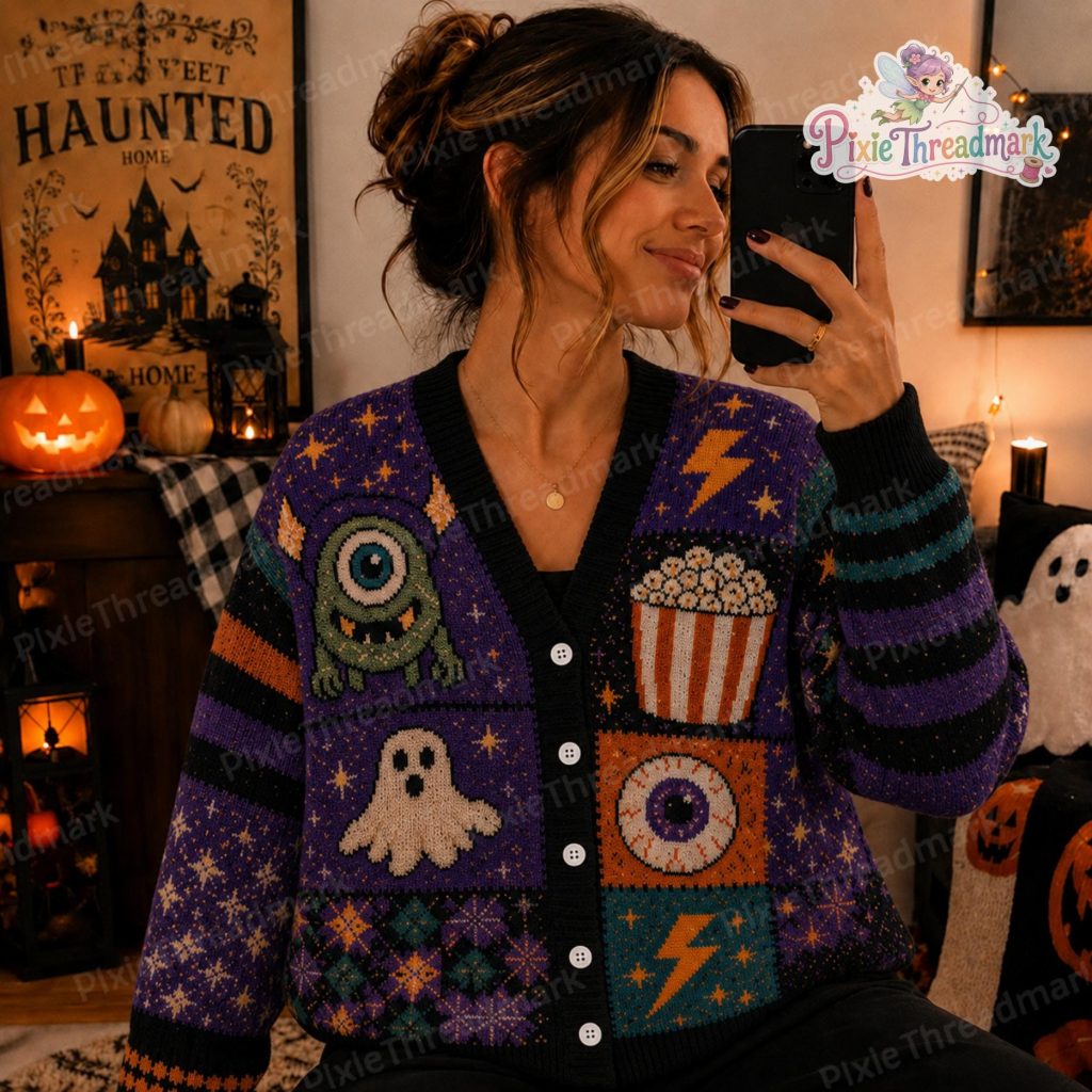 Retro Horror Halloween Knit Cardigan HG , Monster Movie TV Sweater, Ghost Popcorn Fall Cardigan HG , Spooky Movie Sweater, Halloween Horror Gift