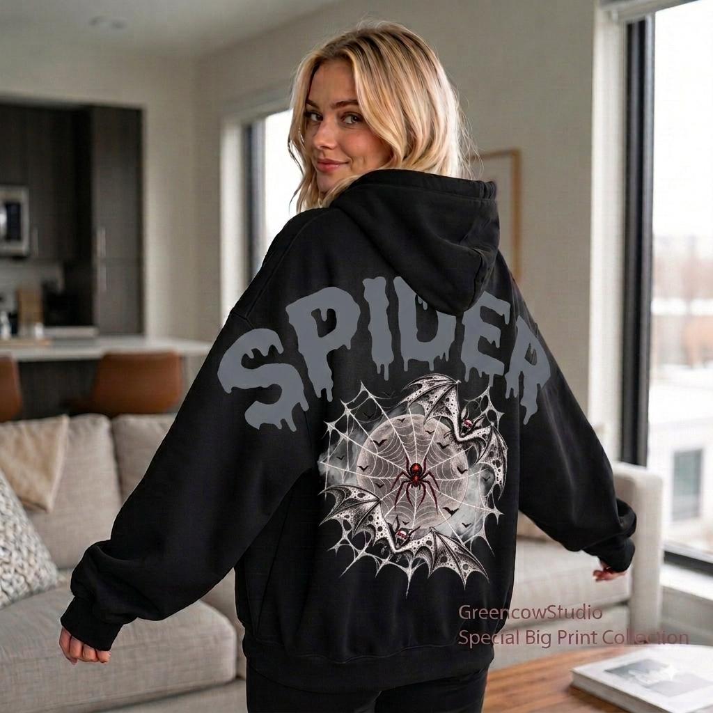 Shoulder-to-Shoulder Spider Web Bat Hoodie, HG Special Edition Horror Shirt, Funny Halloween Tee, Adult Grunge Spider Shirt, Super Hero Gift