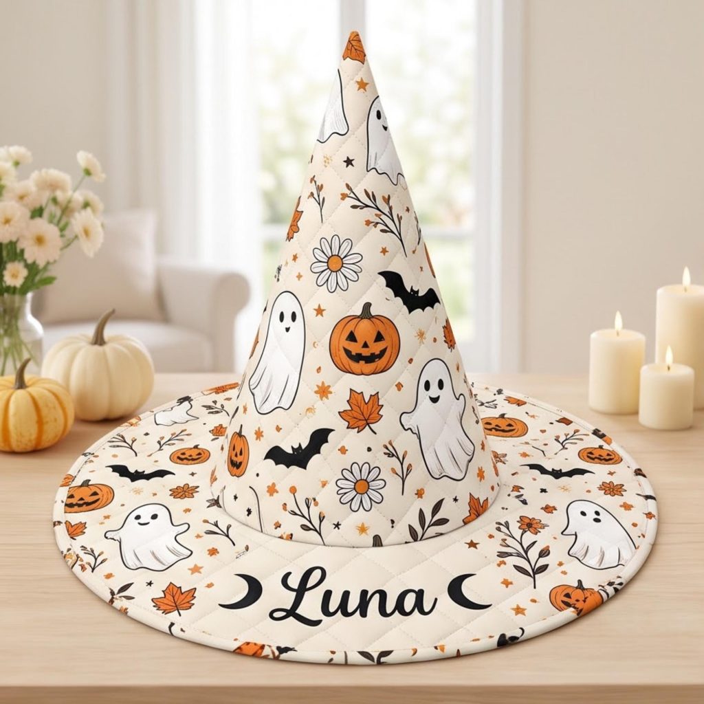 All Over Print Quilted Witch Hat HG HG , Halloween Ghost Pumpkin Hat, Autumn Cottagecore Hat