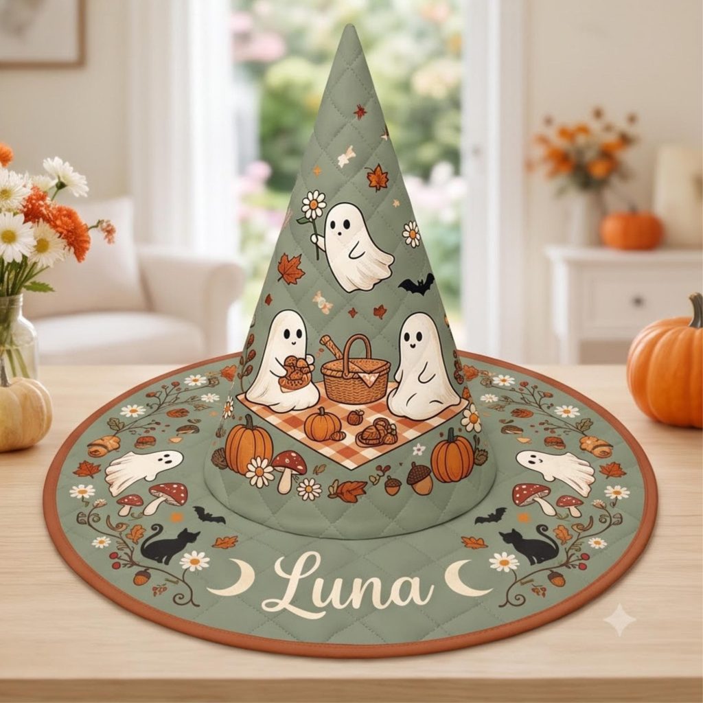All Over Print Quilted Witch Hat HG HG , Ghost Pumpkin Hat, Autumn Cottagecore Halloween Hat