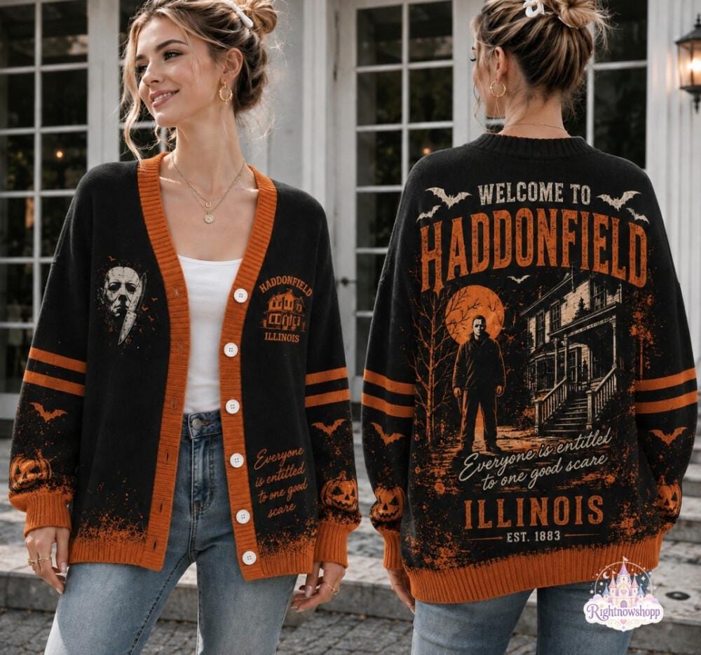 Michael Myers Haddonfield DIEU Cardigan HG , Welcome to Haddonfield Illinois Halloween Sweater, Haunted House Slasher Cardigan HG , Creepy Halloween Gift