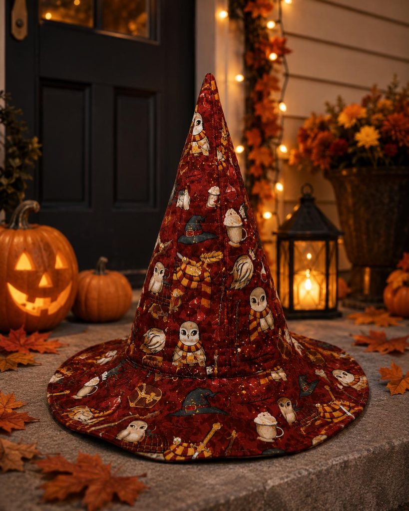 Quilted Halloween Witch Hat HG , Owl Witch Hat HG , Fall Costume Accessory, Spooky Party Hat, Autumn Halloween Costume, Witch Gift for Women