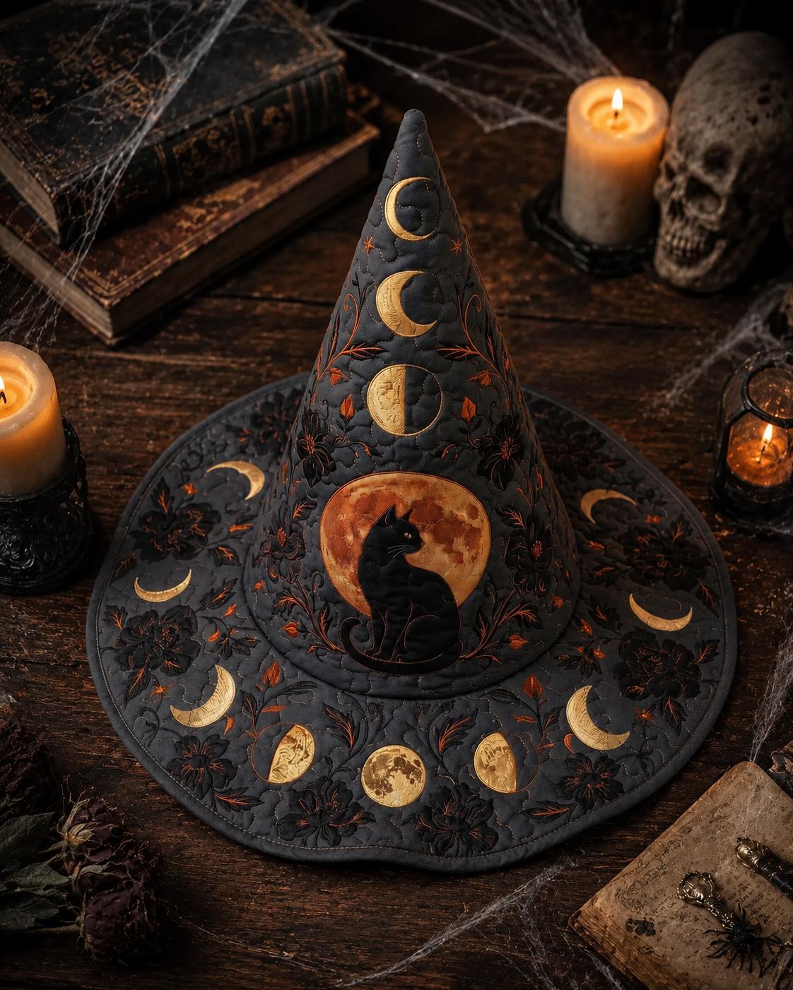 Quilted Halloween Witch Hat HG , Black Cat Witch Hat HG , Fall Costume Accessory, Spooky Party Hat, Autumn Halloween Costume, Witch Gift for Women - Image 2