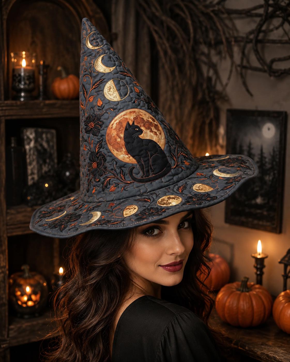 Quilted Halloween Witch Hat HG , Black Cat Witch Hat HG , Fall Costume Accessory, Spooky Party Hat, Autumn Halloween Costume, Witch Gift for Women - Image 5