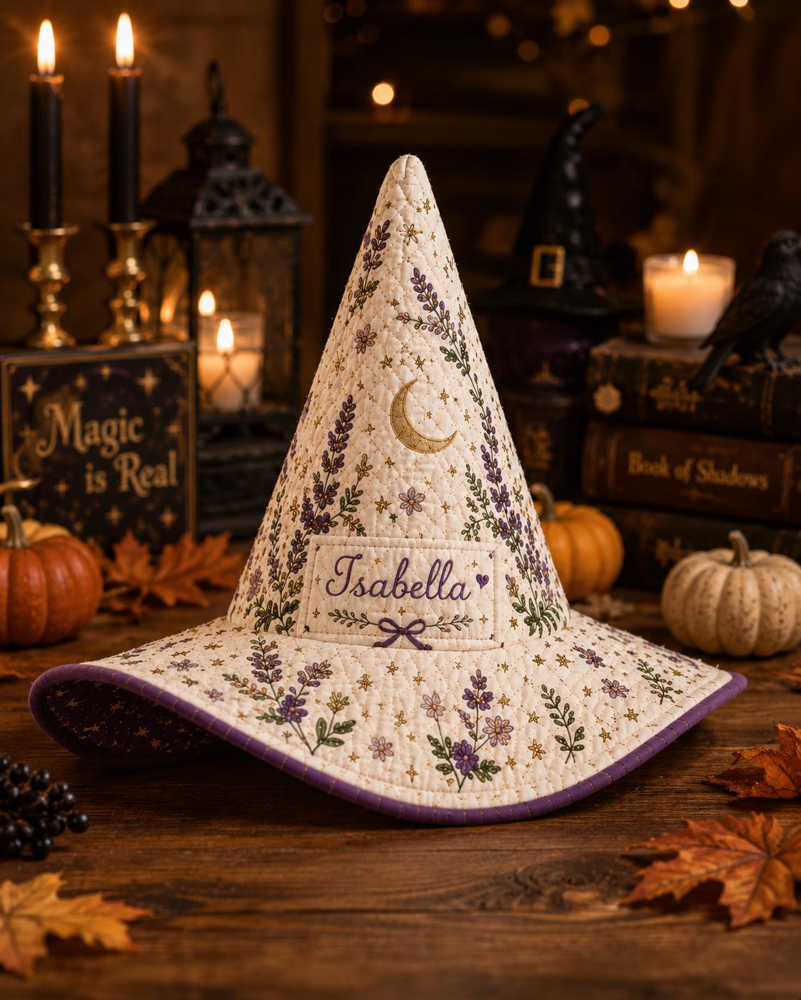 Personalized Halloween Witch Hat HG , Custom Name Quilted Witch Hat HG HG , Fall Costume Accessory, Autumn Spooky Party Hat, Witch Gift for Women