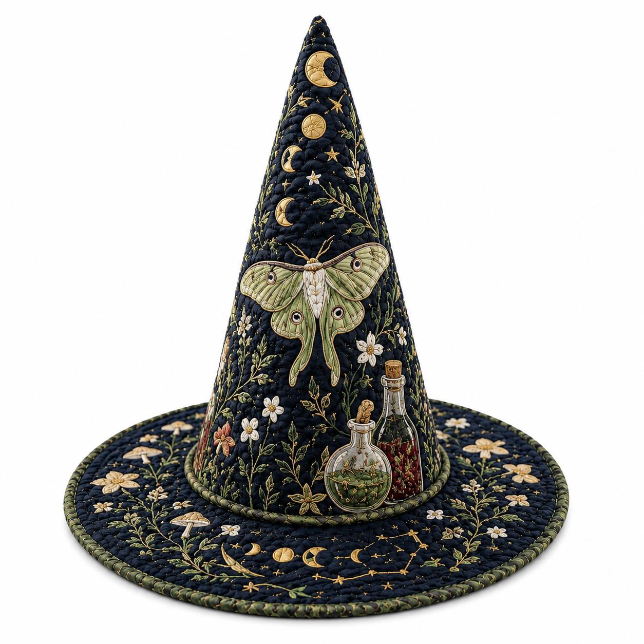 Quilted Botanical Moth Witch Hat HG , Moon Phase Halloween Hat, Gothic Witchy Fall Gift HG - Image 4
