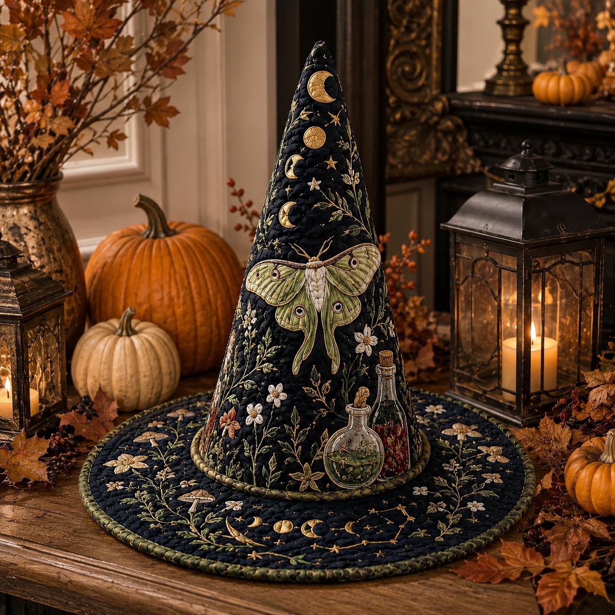 Quilted Botanical Moth Witch Hat HG , Moon Phase Halloween Hat, Gothic Witchy Fall Gift HG