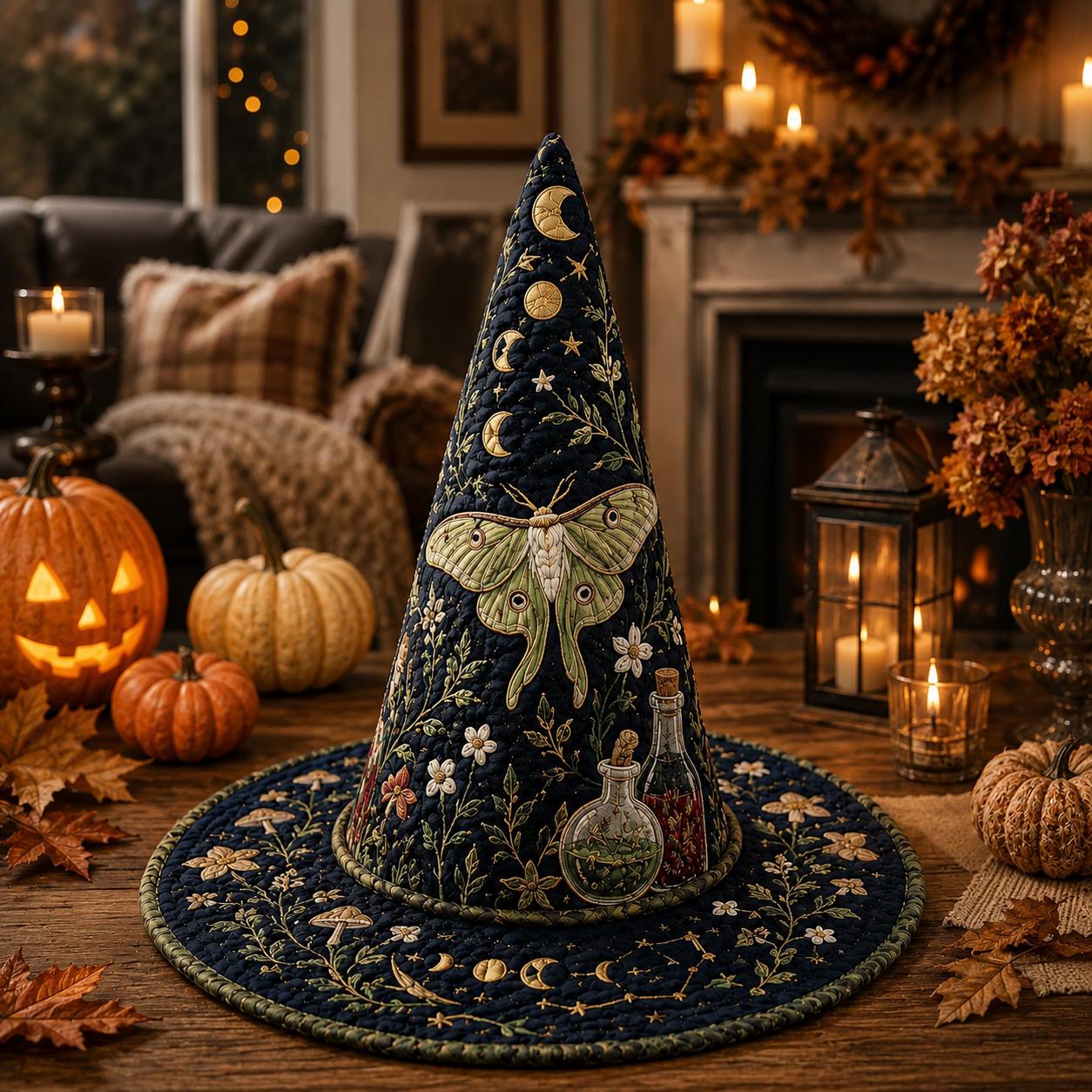 Quilted Botanical Moth Witch Hat HG , Moon Phase Halloween Hat, Gothic Witchy Fall Gift HG - Image 2