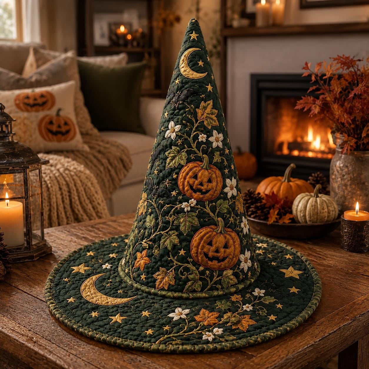 Quilted Witch Hat HG HG , Pumpkin Moon Botanical Halloween, Gothic Celestial Accessory - Image 4