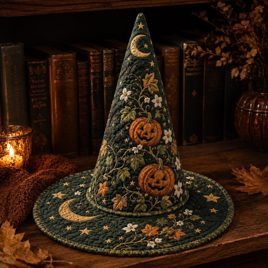 Quilted Witch Hat HG HG , Pumpkin Moon Botanical Halloween, Gothic Celestial Accessory