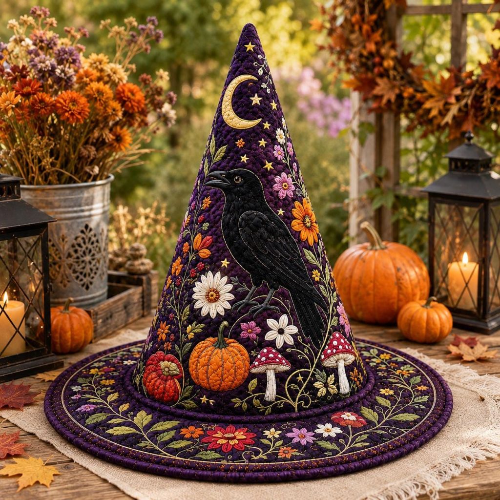 Personalized Purple Quilted Witch Hat HG  HG , Raven Moon Pumpkin, Cottagecore Halloween Décor