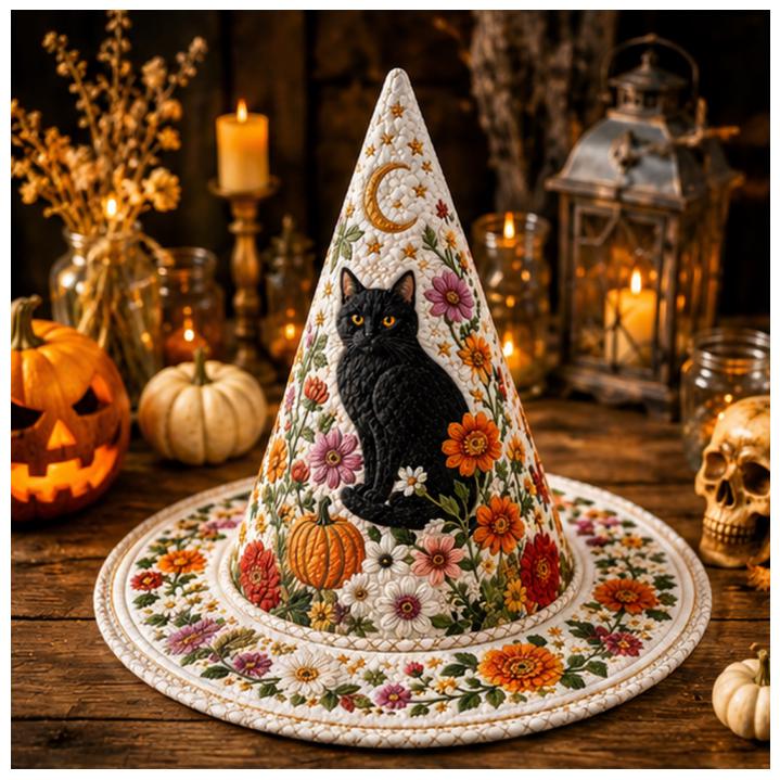 Personalized Quilted Witch Hat HG HG Black Cat Floral Halloween Costume Vintage Style Fall Party Accessory - Image 5