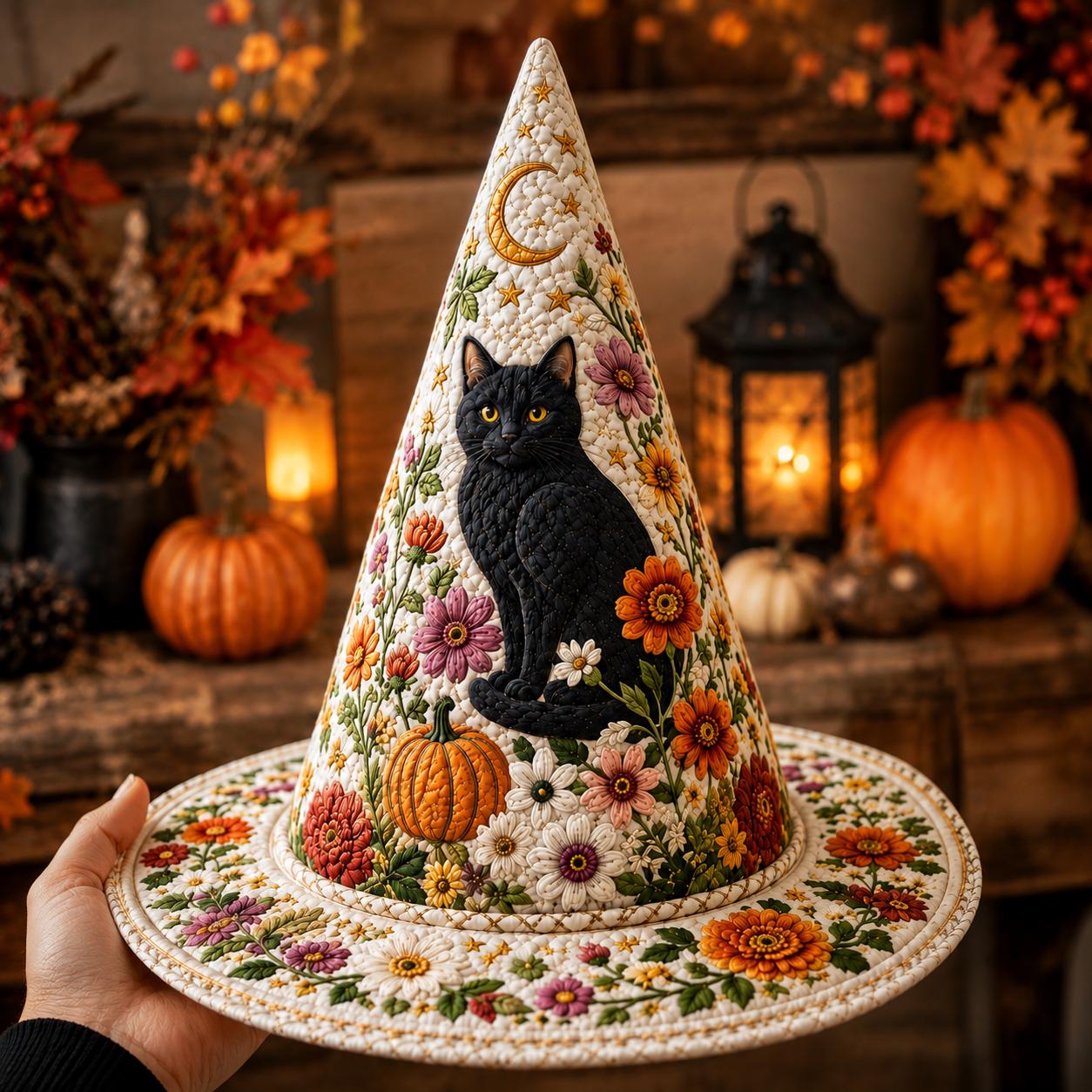 Personalized Quilted Witch Hat HG HG Black Cat Floral Halloween Costume Vintage Style Fall Party Accessory - Image 4