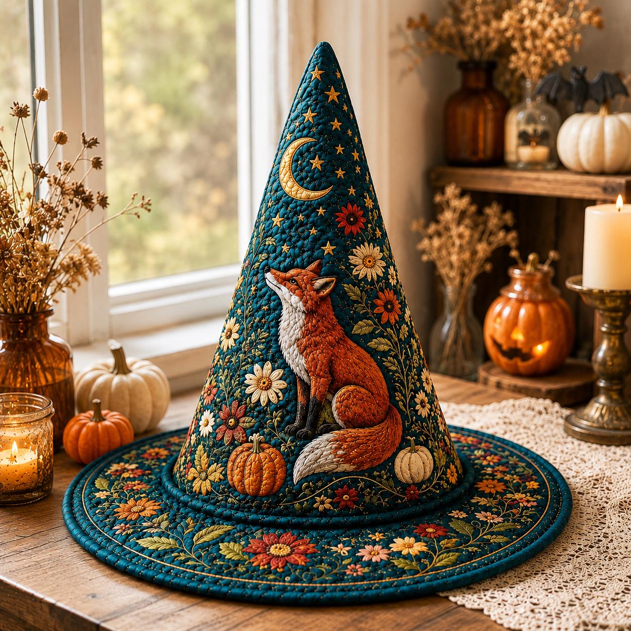Personalized Quilted Witch Hat HG HG , Fox Floral Moon Halloween Costume Accessory - Image 2