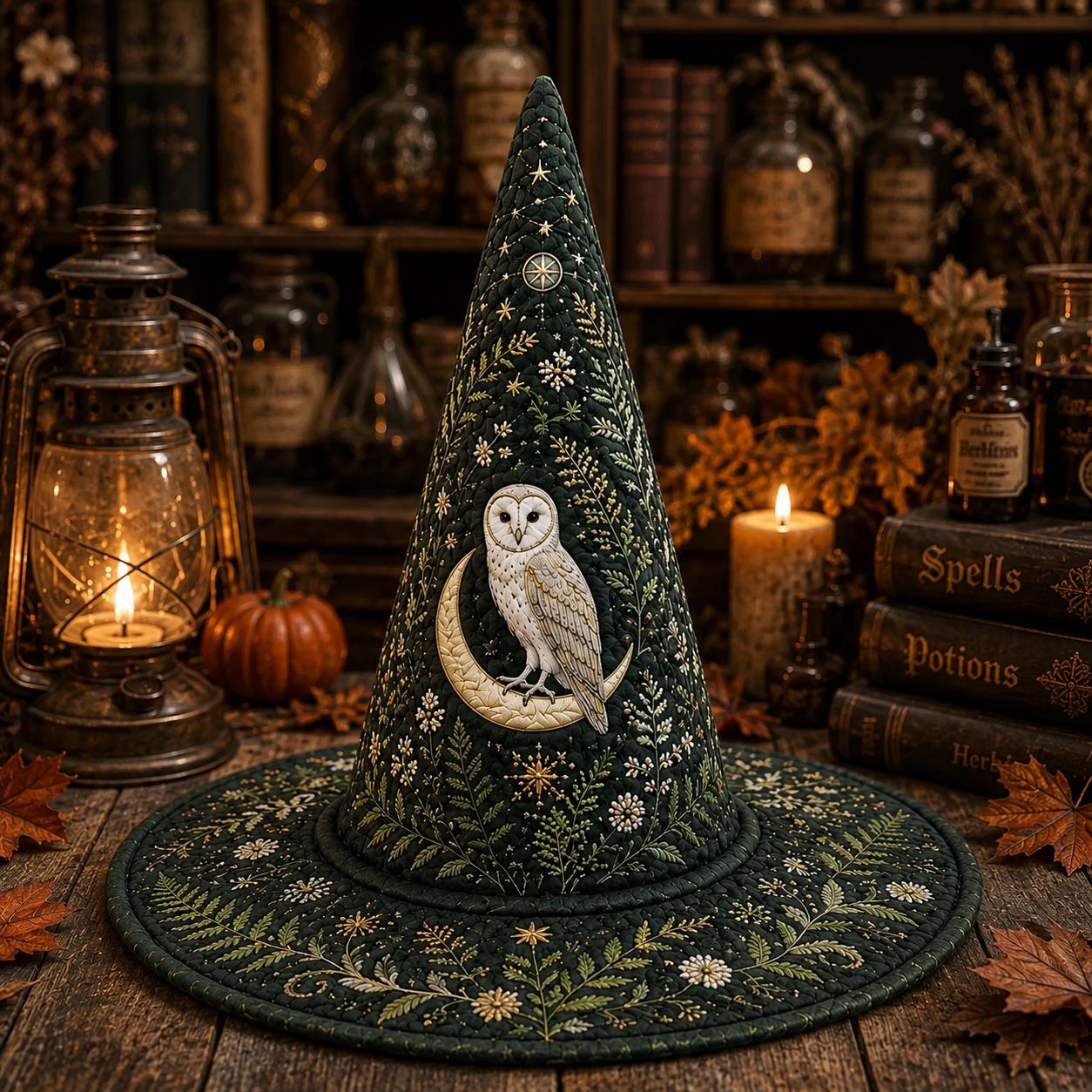 Personalized Owl Moon Quilted Witch Hat HG HG Halloween Cone Hat with Celestial Stars Costume Accessory - Image 3