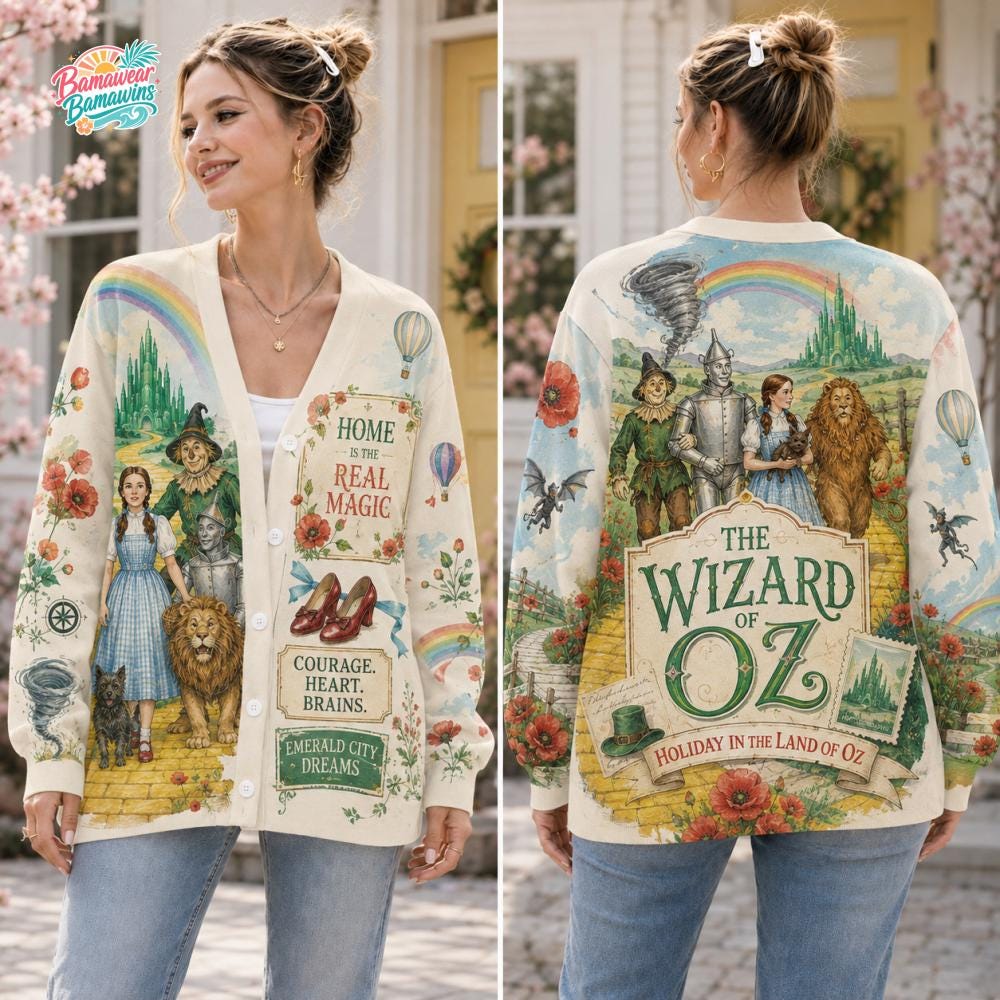 Wizard of Oz Cardigan HG ,Courage Heart Brains, Holiday Land of Oz Top, Gift for Mom, Retro Movie Sweater, Vintage Bookish Sweater, Gift for Her