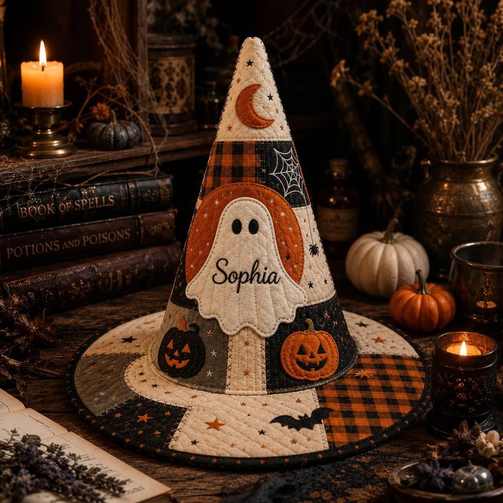 Personalized Quilted Witch Hat HG  HG : Patchwork Ghost Pumpkin Halloween Costume