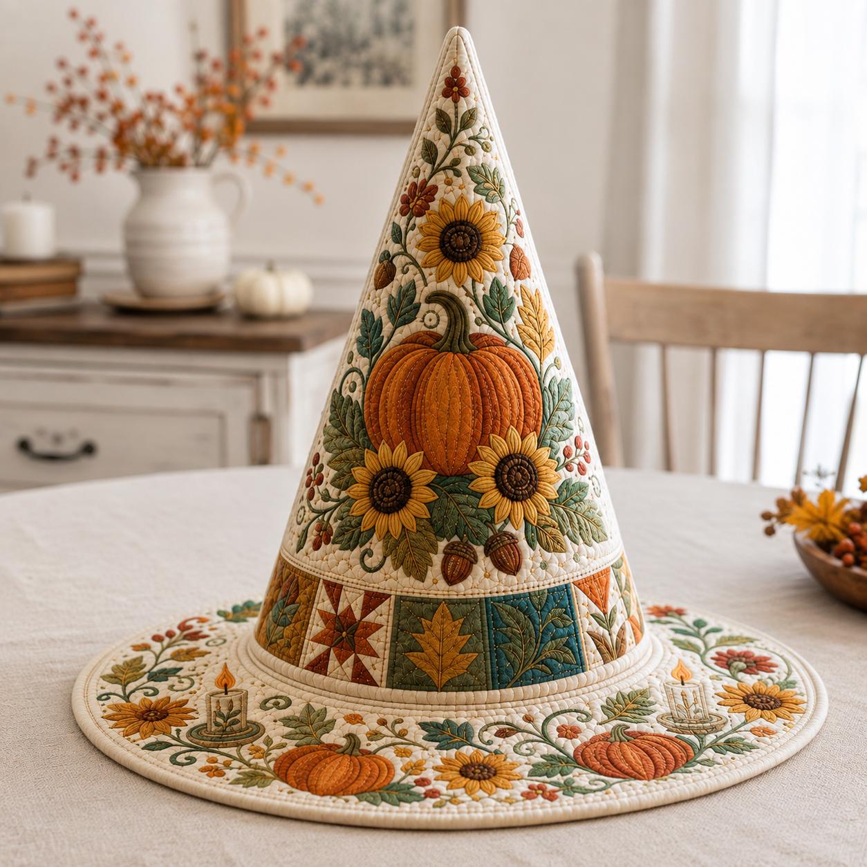 Personalized Quilted Patchwork Witch Hat HG , Custom Printed Cotton Autumn Harvest Halloween Costume Decor - Image 3