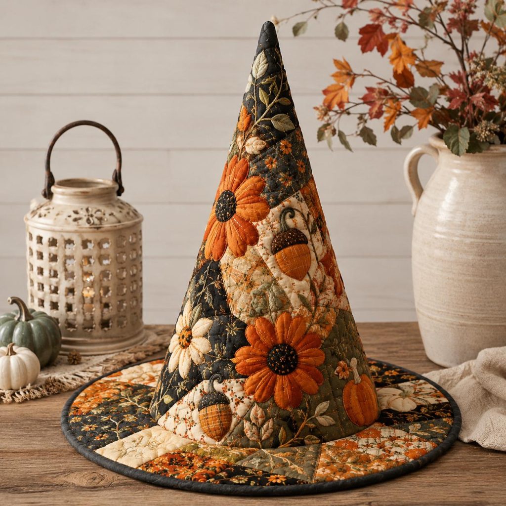 Quilted Halloween Witch Hat HG , Pumpkin Floral Patchwork Decor, Fall Table Centerpiece, Spooky Autumn Home Decor, Halloween Gift