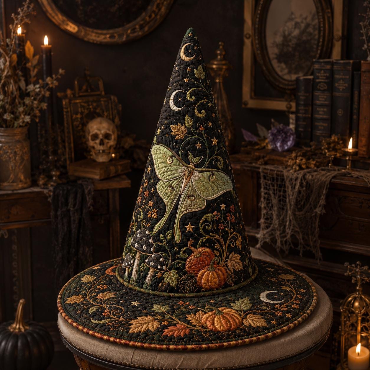 Quilted Halloween Witch Hat HG , Luna Moth Pumpkin Patchwork Decor, Witchy Fall Table Centerpiece, Gothic Autumn Home Decor - Image 2