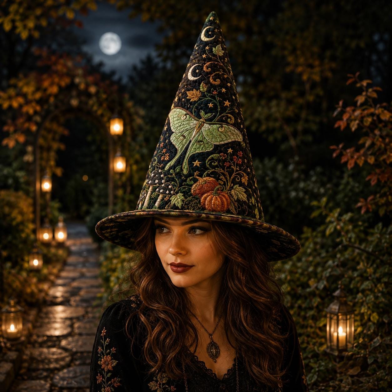 Quilted Halloween Witch Hat HG , Luna Moth Pumpkin Patchwork Decor, Witchy Fall Table Centerpiece, Gothic Autumn Home Decor - Image 4