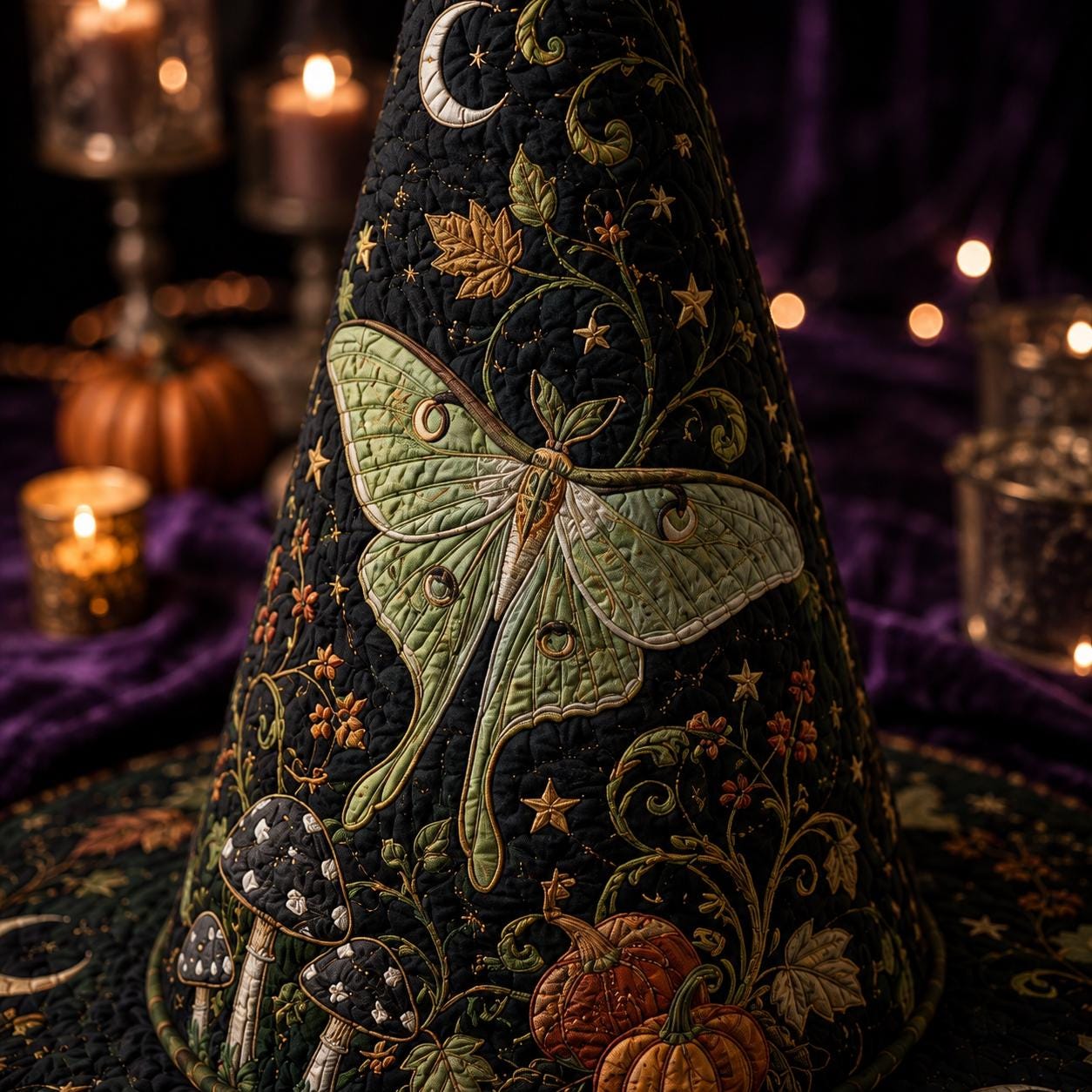 Quilted Halloween Witch Hat HG , Luna Moth Pumpkin Patchwork Decor, Witchy Fall Table Centerpiece, Gothic Autumn Home Decor - Image 5