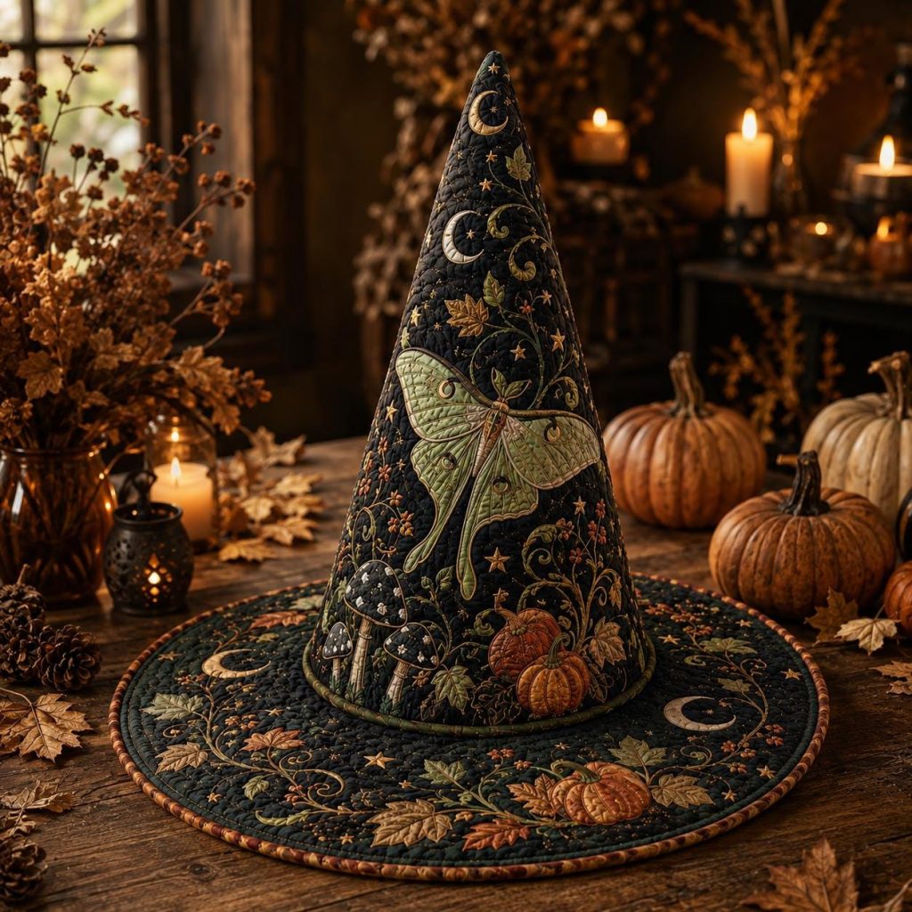 Quilted Halloween Witch Hat HG , Luna Moth Pumpkin Patchwork Decor, Witchy Fall Table Centerpiece, Gothic Autumn Home Decor