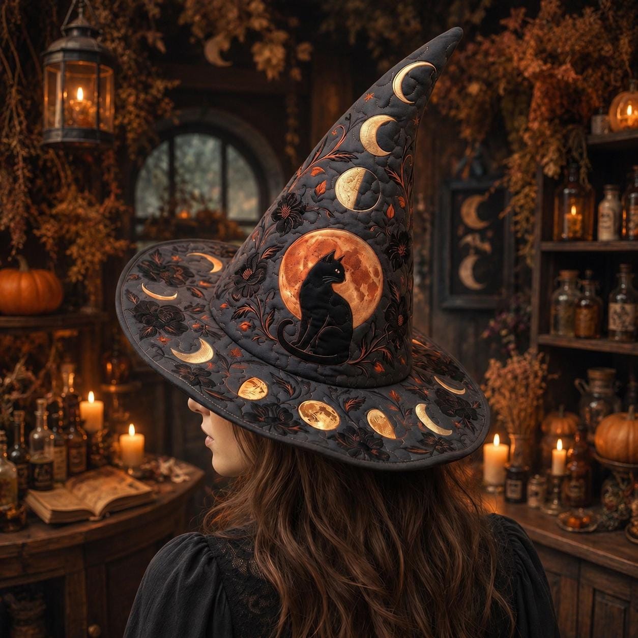 Personalized Quilted Witch Hat HG HG , Black Cat Moon Halloween Hat, Celestial Gothic Witch Costume, Witchcore Accessory, Spooky Halloween Gift - Image 5
