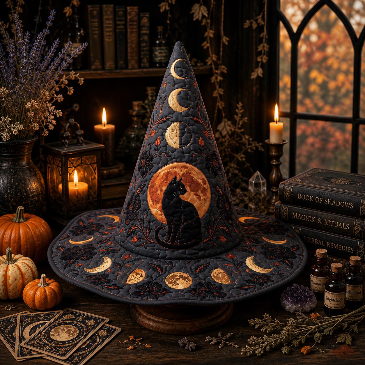 Personalized Quilted Witch Hat HG HG , Black Cat Moon Halloween Hat, Celestial Gothic Witch Costume, Witchcore Accessory, Spooky Halloween Gift - Image 3