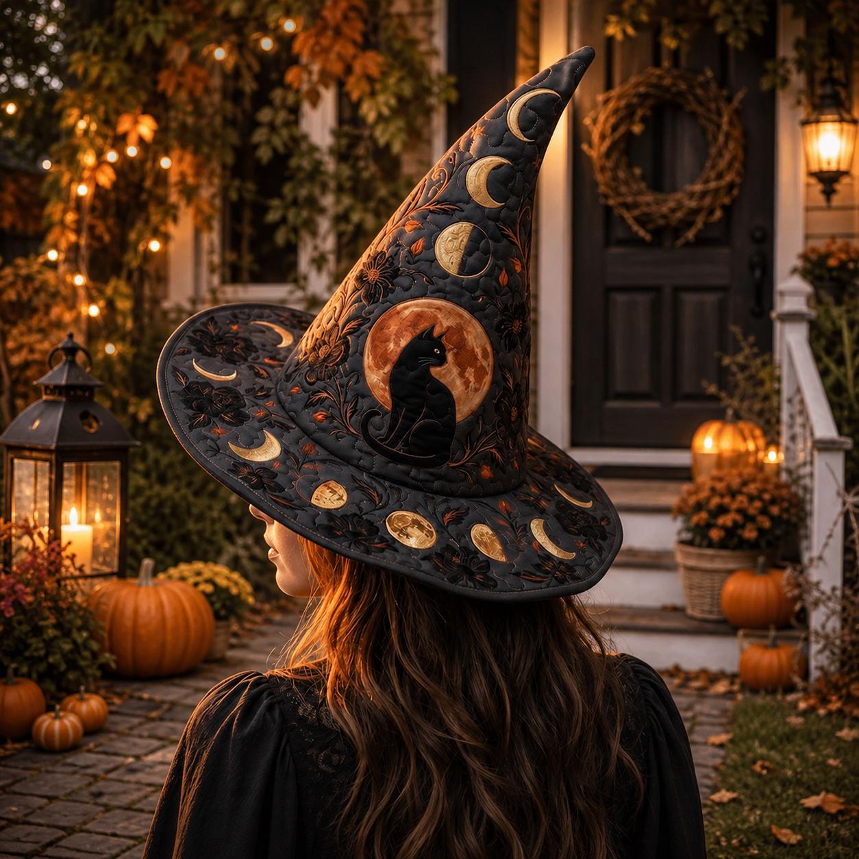 Personalized Quilted Witch Hat HG HG , Black Cat Moon Halloween Hat, Celestial Gothic Witch Costume, Witchcore Accessory, Spooky Halloween Gift - Image 7