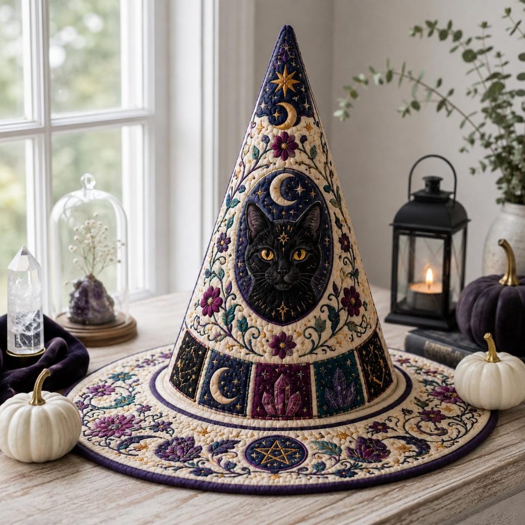Black Cat Celestial Quilted Witch Hat HG HG , Floral Witchcore Decor, Spooky Halloween Costume